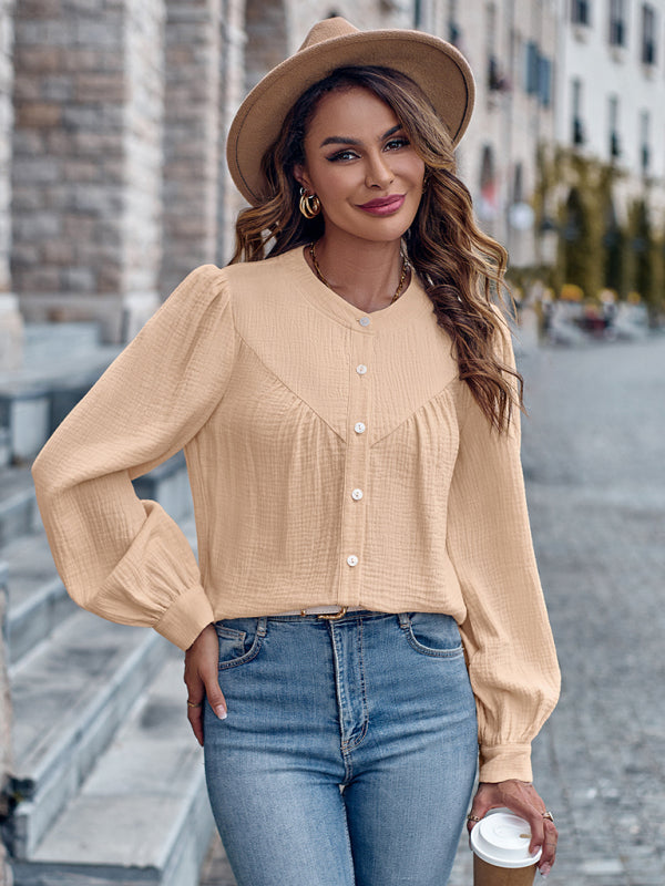 Blouses- Textured Long Puff Sleeve Round Neck Blouse- - Pekosa Women Clothing