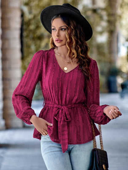 Blouses- Textured Long Sleeve Belted Blouse- Wine Red- Pekosa Women Clothing