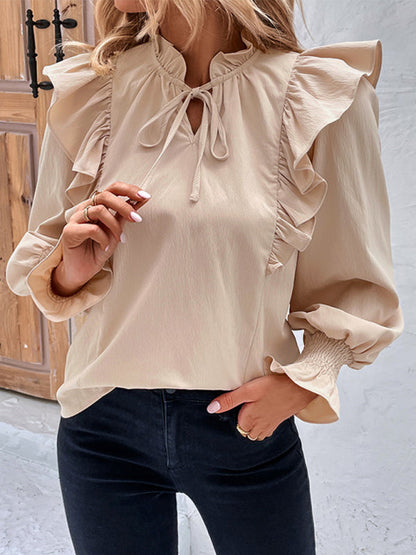 Blouses- Textured Ruffle Bishop Long Sleeve Blouse- Cracker khaki- Pekosa Women Clothing