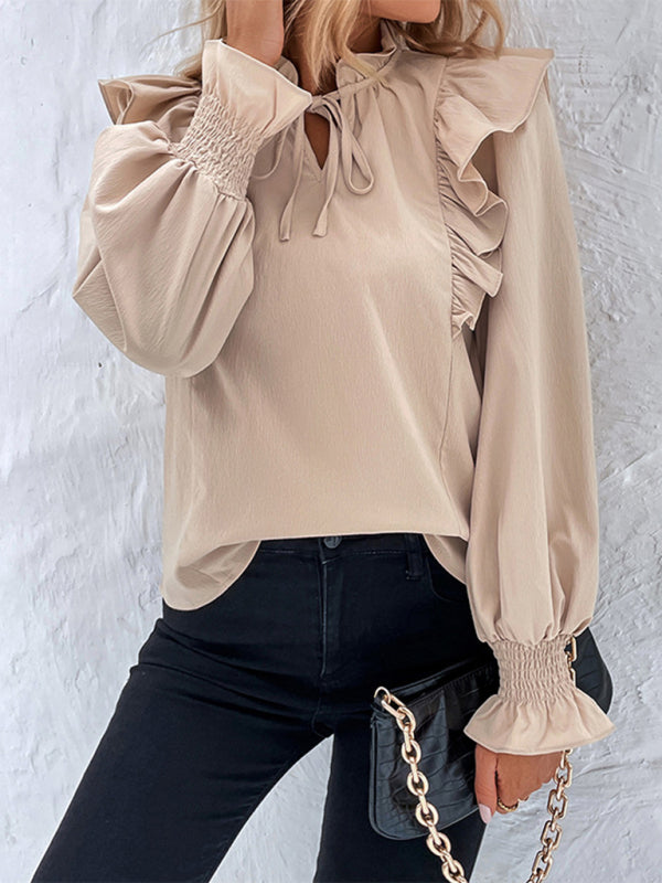 Blouses- Textured Ruffle Bishop Long Sleeve Blouse- - Pekosa Women Clothing