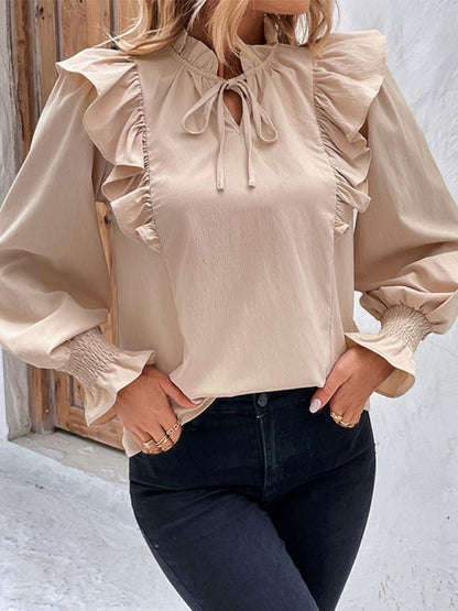 Blouses- Textured Ruffle Bishop Long Sleeve Blouse- - Pekosa Women Clothing