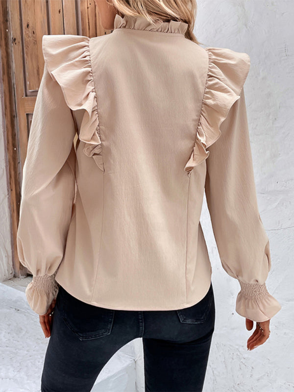 Blouses- Textured Ruffle Bishop Long Sleeve Blouse- - Pekosa Women Clothing