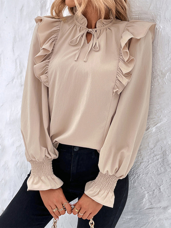 Blouses- Textured Ruffle Bishop Long Sleeve Blouse- - Pekosa Women Clothing