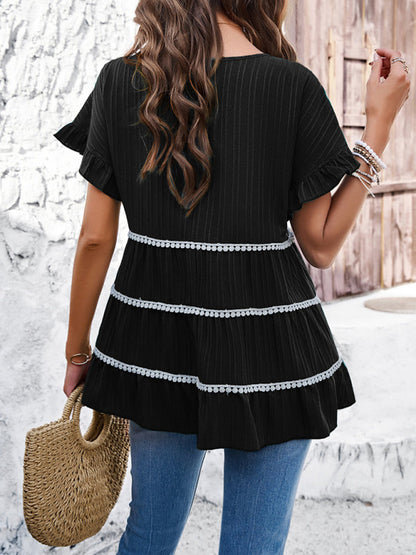 Blouses- Tiered Tunic Blouse - Women's Textured Top with Frill Accents & Contrast Trim- - Chuzko Women Clothing