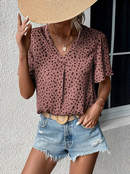 Blouses- Trendy Flounce Sleeves Blouse: V Neck, Dalmatian Print, Casual Top- Pink- Pekosa Women Clothing