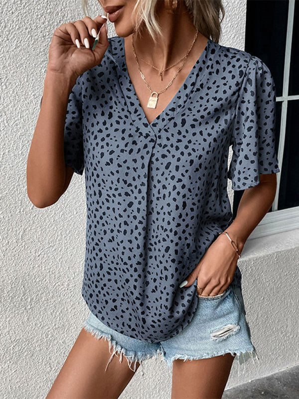 Blouses- Trendy Flounce Sleeves Blouse: V Neck, Dalmatian Print, Casual Top- - Pekosa Women Clothing