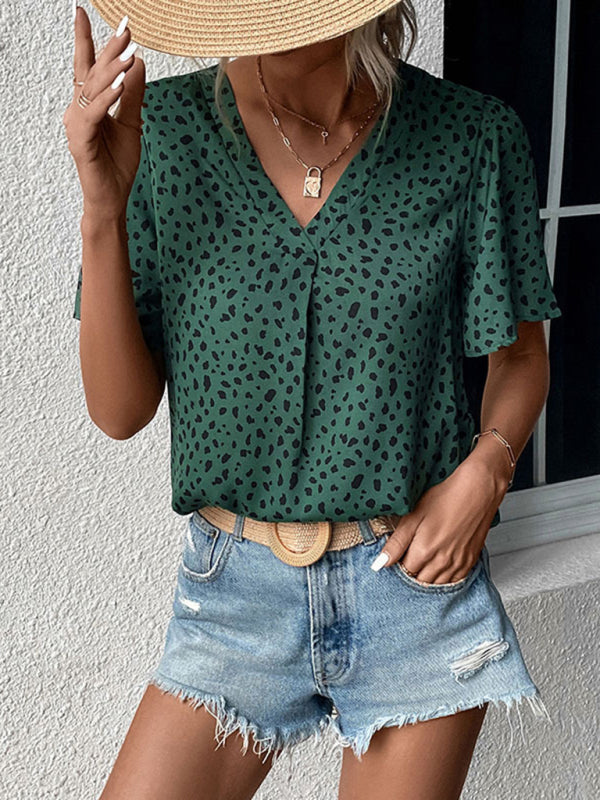 Blouses- Trendy Flounce Sleeves Blouse: V Neck, Dalmatian Print, Casual Top- Green black jasper- Pekosa Women Clothing