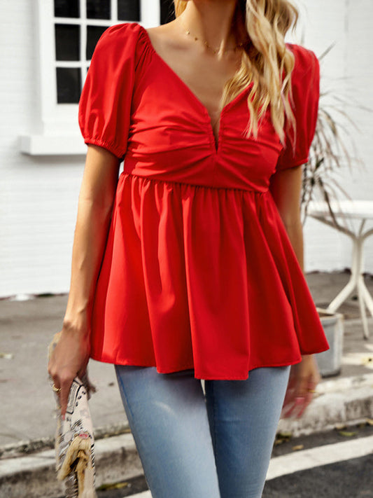 Blouses- Trendy Peplum Shirred V Neck Blouse - Women's Short Puff Sleeves Top- Red- Pekosa Women Clothing