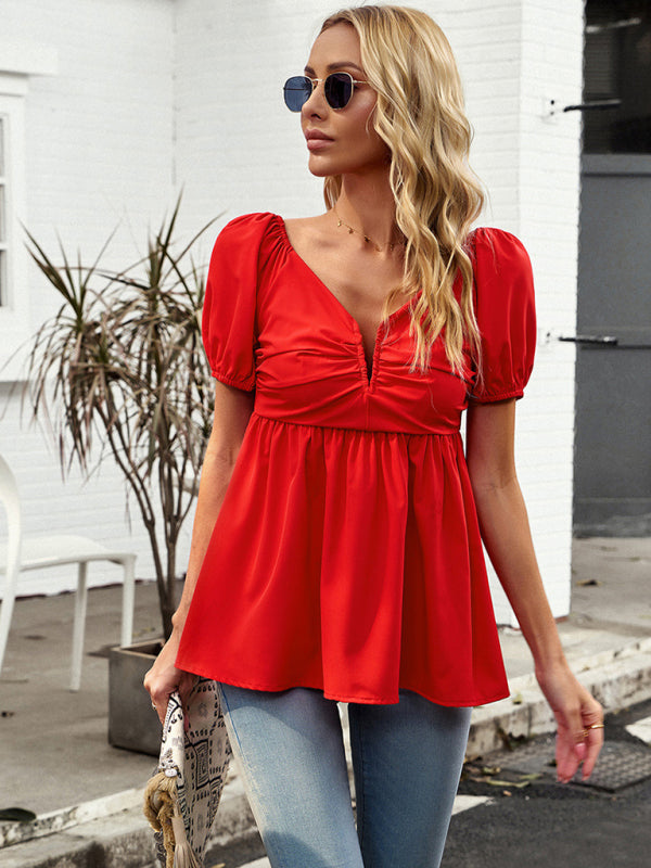 Blouses- Trendy Peplum Shirred V Neck Blouse - Women's Short Puff Sleeves Top- - Pekosa Women Clothing