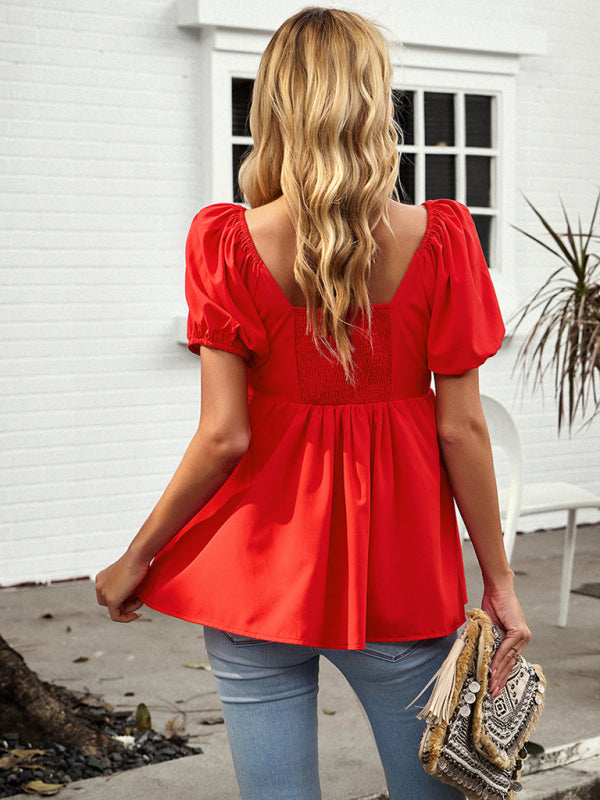 Blouses- Trendy Peplum Shirred V Neck Blouse - Women's Short Puff Sleeves Top- - Pekosa Women Clothing