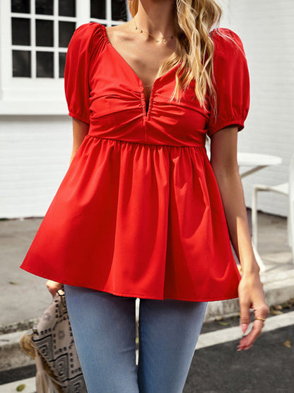 Blouses- Trendy Peplum Shirred V Neck Blouse - Women's Short Puff Sleeves Top- - Pekosa Women Clothing