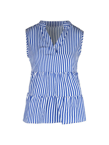 Blouses- Trendy Sleeveless Stripe Blouse: V Neck, Casual Tank Top- - Pekosa Women Clothing