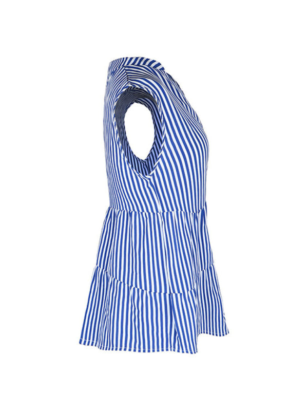 Blouses- Trendy Sleeveless Stripe Blouse: V Neck, Casual Tank Top- - Pekosa Women Clothing