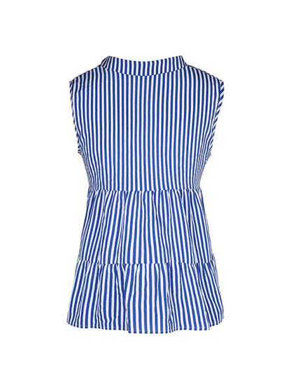 Blouses- Trendy Sleeveless Stripe Blouse: V Neck, Casual Tank Top- - Pekosa Women Clothing