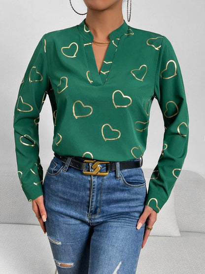 Blouses- V-Neck Blouse Shirt in Love Print with Long Sleeves- Green- Pekosa Women Clothing