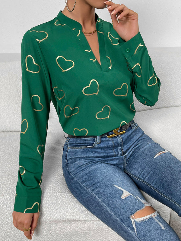 Blouses- V-Neck Blouse Shirt in Love Print with Long Sleeves- - Pekosa Women Clothing