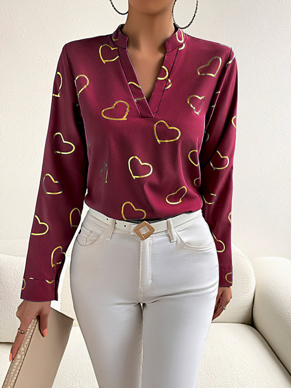 Blouses- V-Neck Blouse Shirt in Love Print with Long Sleeves- - Pekosa Women Clothing