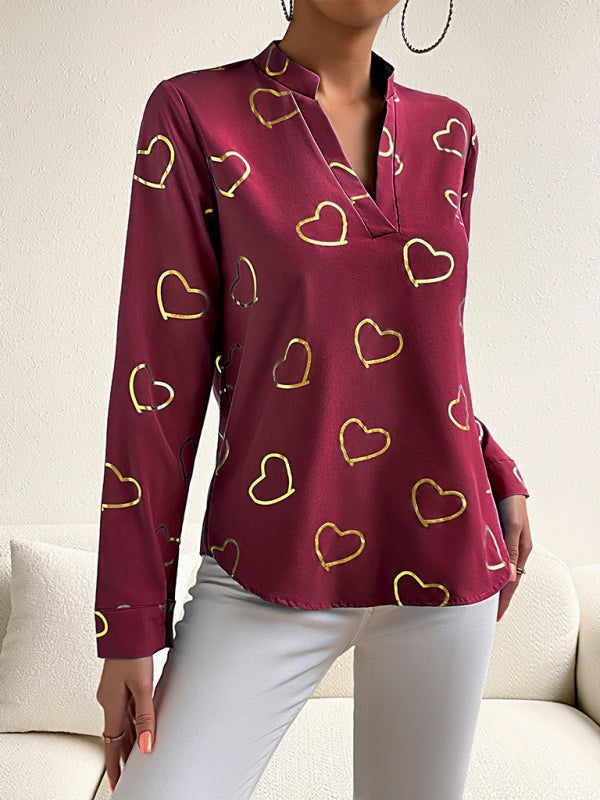 Blouses- V-Neck Blouse Shirt in Love Print with Long Sleeves- - Pekosa Women Clothing