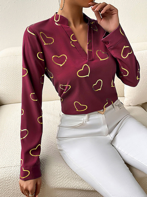 Blouses- V-Neck Blouse Shirt in Love Print with Long Sleeves- - Pekosa Women Clothing