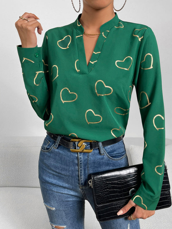 Blouses- V-Neck Blouse Shirt in Love Print with Long Sleeves- - Pekosa Women Clothing