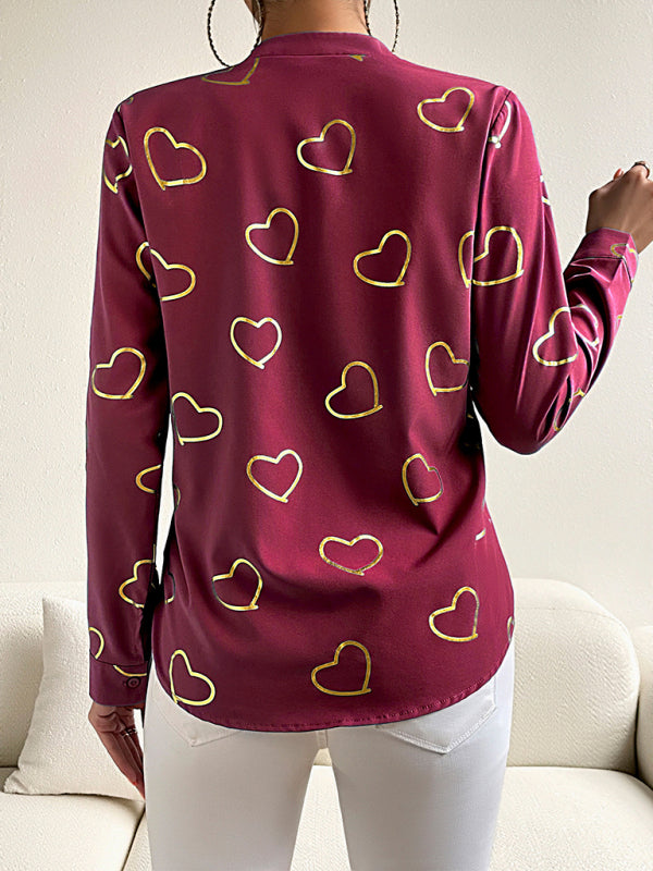 Blouses- V-Neck Blouse Shirt in Love Print with Long Sleeves- - Pekosa Women Clothing