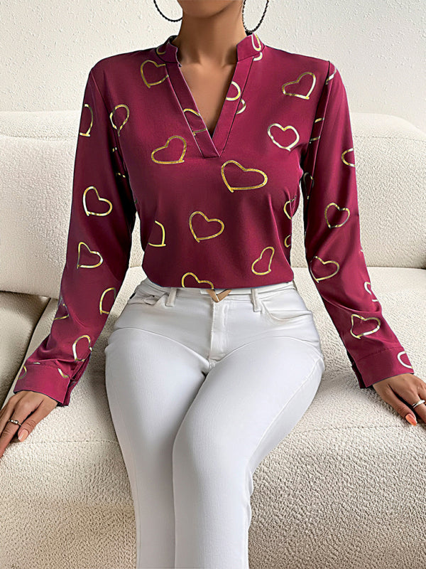 Blouses- V-Neck Blouse Shirt in Love Print with Long Sleeves- - Pekosa Women Clothing