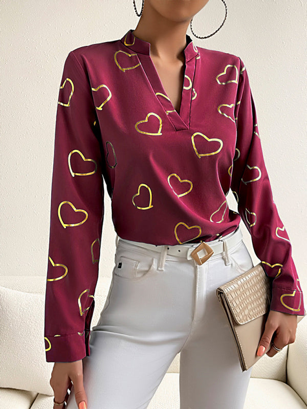 Blouses- V-Neck Blouse Shirt in Love Print with Long Sleeves- Wine Red- Pekosa Women Clothing