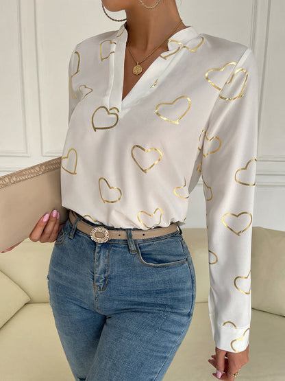 Blouses- V-Neck Blouse Shirt in Love Print with Long Sleeves- - Pekosa Women Clothing