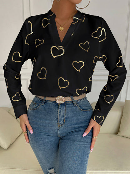 Blouses- V-Neck Blouse Shirt in Love Print with Long Sleeves- Black- Pekosa Women Clothing