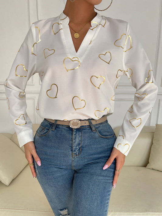 Blouses- V-Neck Blouse Shirt in Love Print with Long Sleeves- White- Pekosa Women Clothing