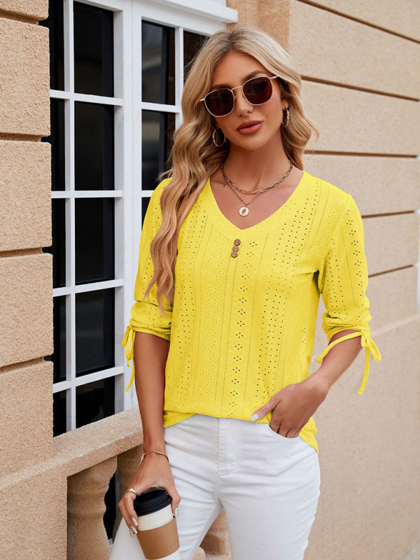 Blouses- V-Neck Blouse with 3/4 Sleeves | Eyelet Top- Yellow- Pekosa Women Clothing