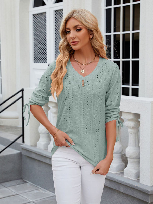 Blouses- V-Neck Blouse with 3/4 Sleeves | Eyelet Top- - Pekosa Women Clothing