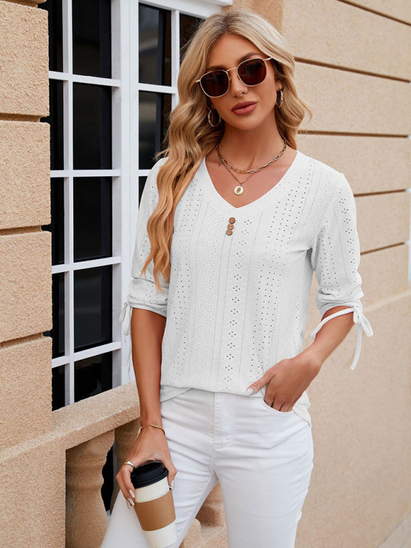 Blouses- V-Neck Blouse with 3/4 Sleeves | Eyelet Top- White- Pekosa Women Clothing