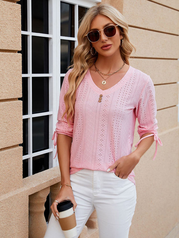 Blouses- V-Neck Blouse with 3/4 Sleeves | Eyelet Top- Pink- Pekosa Women Clothing