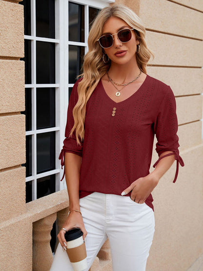 Blouses- V-Neck Blouse with 3/4 Sleeves | Eyelet Top- Wine Red- Pekosa Women Clothing