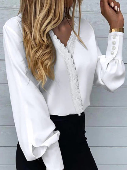 Blouses- V-Neck Blouse with Lace and Pearls - Lantern Sleeve Top for Spring- - Pekosa Women Clothing