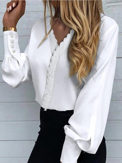 Blouses- V-Neck Blouse with Lace and Pearls - Lantern Sleeve Top for Spring- Raw white off white- Pekosa Women Clothing