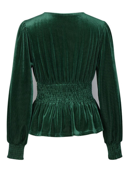 Blouses- V-Neck Couture Velour Blouse | Velvet Long Sleeve Peplum Top- - Pekosa Women Clothing