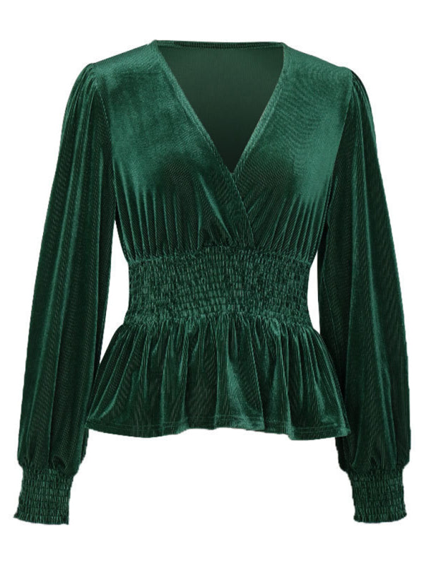 Blouses- V-Neck Couture Velour Blouse | Velvet Long Sleeve Peplum Top- - Pekosa Women Clothing