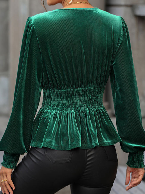 Blouses- V-Neck Couture Velour Blouse | Velvet Long Sleeve Peplum Top- - Pekosa Women Clothing