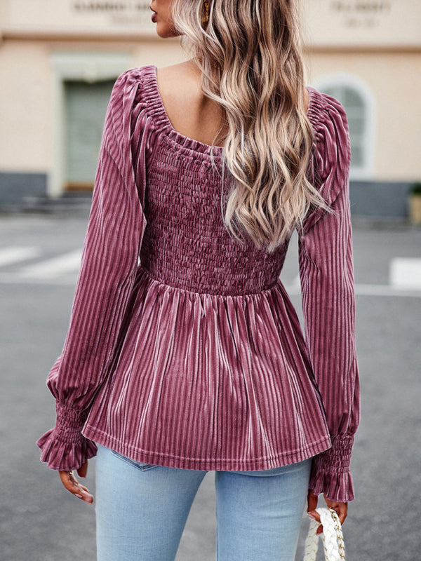 Blouses- Velvet Blouse with Dramatic Lantern Sleeves, Smocked & Ruffle Cuffs- - Pekosa Women Clothing