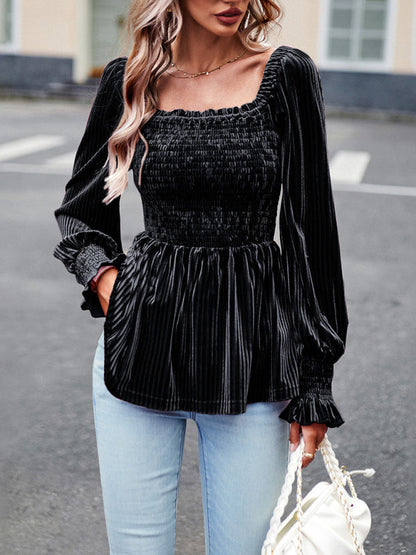 Blouses- Velvet Blouse with Dramatic Lantern Sleeves, Smocked & Ruffle Cuffs- - Pekosa Women Clothing