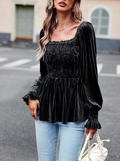 Blouses- Velvet Blouse with Dramatic Lantern Sleeves, Smocked & Ruffle Cuffs- - Pekosa Women Clothing