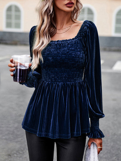 Blouses- Velvet Blouse with Dramatic Lantern Sleeves, Smocked & Ruffle Cuffs- Navy blue- Pekosa Women Clothing