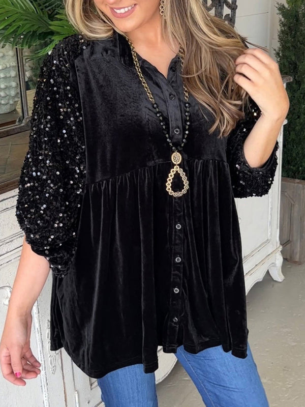 Blouses- Velvet Couture Festive Blouse with Sparkle Sequined 3/4 Sleeves- Black- Pekosa Women Clothing