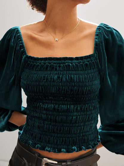 Blouses- Velvet Glam Smocked Blouse- Green- Pekosa Women Clothing