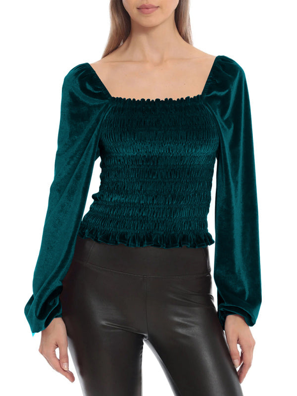 Blouses- Velvet Glam Smocked Blouse- - Pekosa Women Clothing