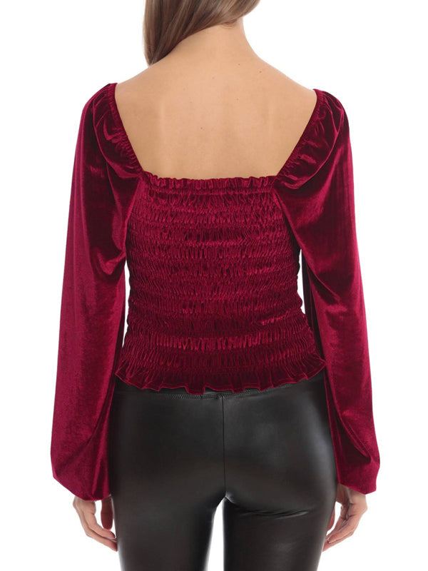 Blouses- Velvet Glam Smocked Blouse- - Pekosa Women Clothing