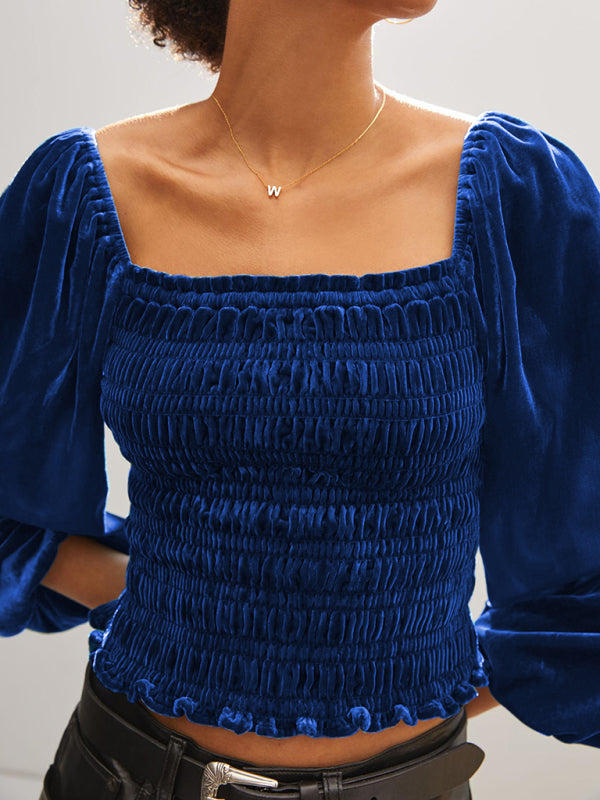 Blouses- Velvet Glam Smocked Blouse- Blue- Pekosa Women Clothing