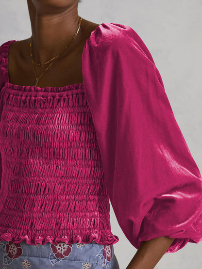 Blouses- Velvet Glam Smocked Blouse- - Pekosa Women Clothing